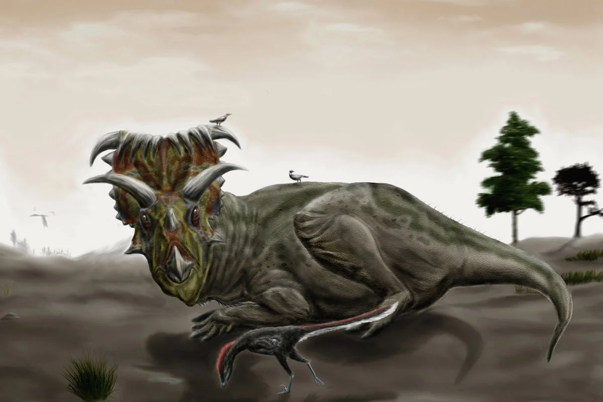 A Kosmoceratops disturbed from its rest by a wandering Talos